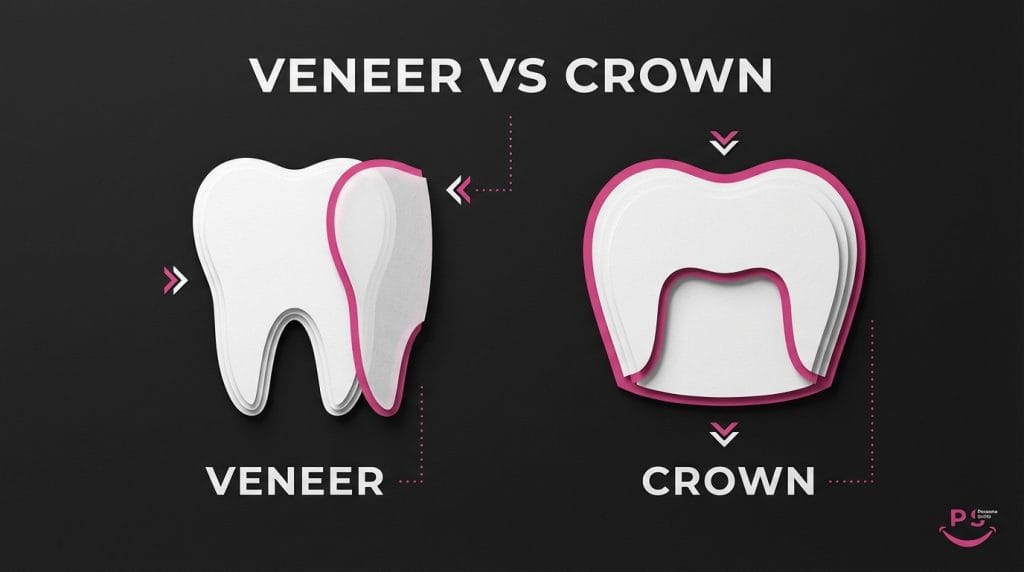 Comparison of dental veneers and crowns showing different tooth restoration options