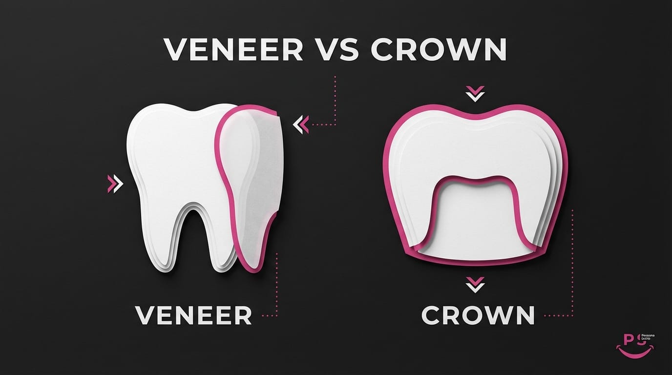 Comparison of dental veneers and crowns showing different tooth restoration options