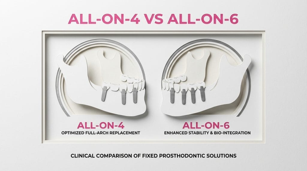 All-on-4 and All-on-6 dental implant procedures compared showing full arch restoration options