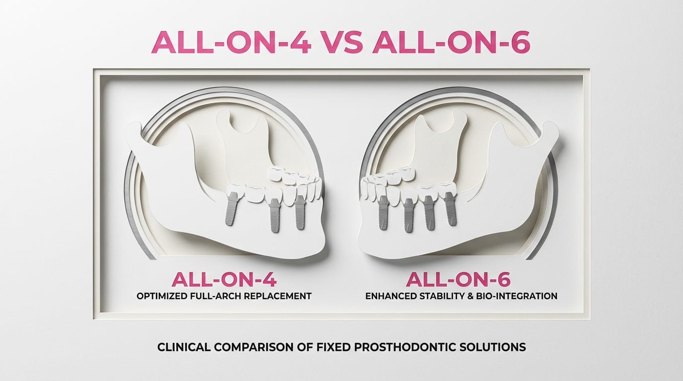All-on-4 and All-on-6 dental implant procedures compared showing full arch restoration options