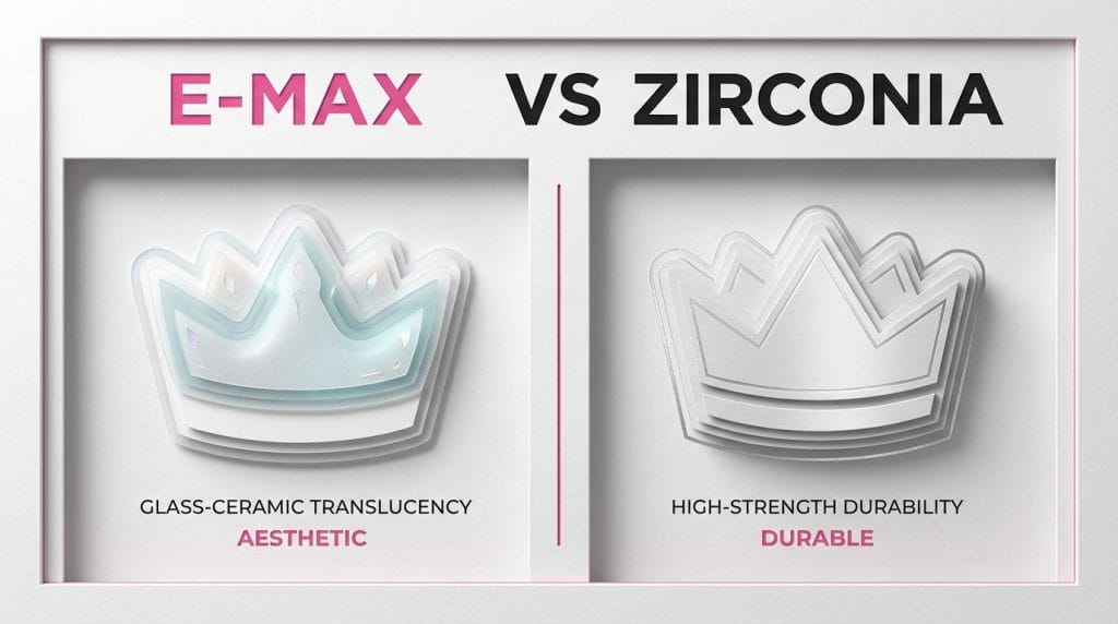 E-max and zirconia dental crown materials side by side comparison for cosmetic dentistry